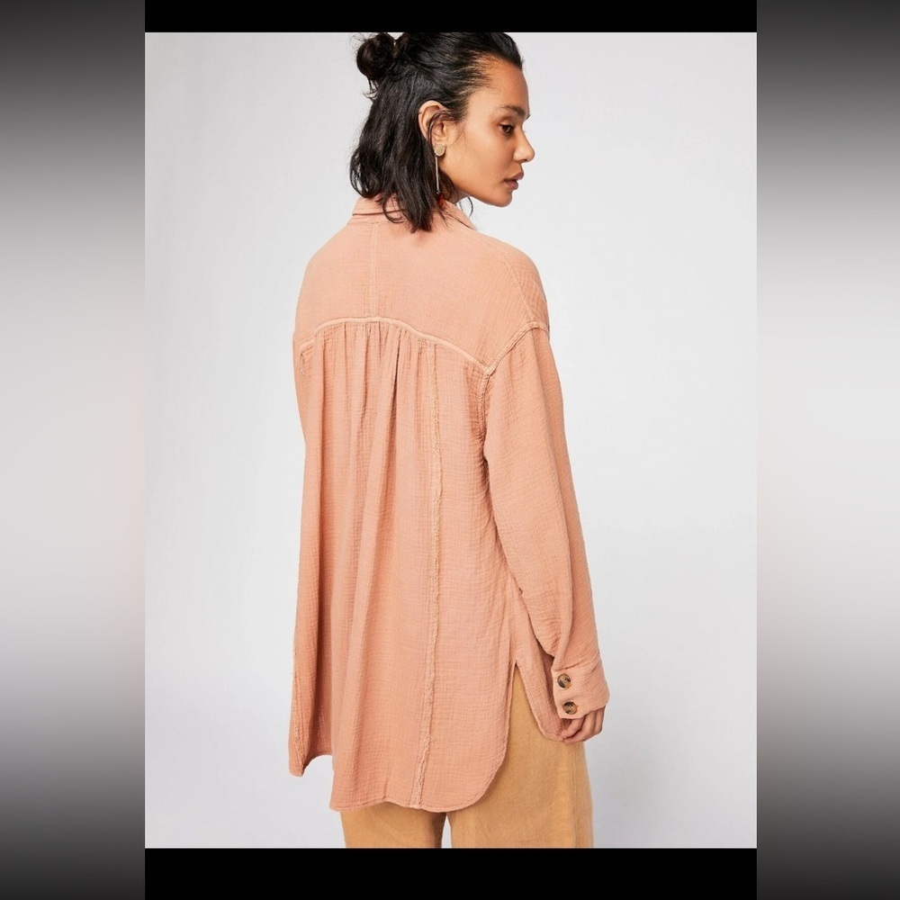 Free People All About The Feels Textured Cotton Peach Coral Button Down XS - Picture 2 of 6